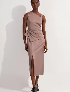 Women's Premium Viscose Linen Asymmetric Neck Tailored Pencil Maxi Dress in Taupe Size: 6 - Taupe - Size: 6 - Karen millen - FashionsVida