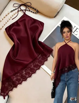 Blusa de mujer color burdeos, de verano, elegante, para fiesta nocturna, con cuello halter con lazo, dobladillo asimétrico con ribete de encaje, espa - Shein - FashionsVida