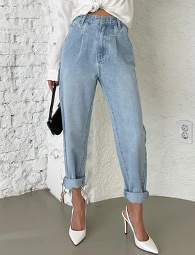 Pantalones de mezclilla con tiro alto y detalles bordados para mujer S - Shein - FashionsVida