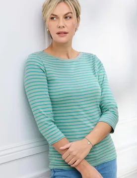 Women's Wrinkle Free 3/4 Sleeve Boat Neck Stripe Top in Mint Size: 12 - Mint - Size: 12 - Cotton Traders - FashionsVida
