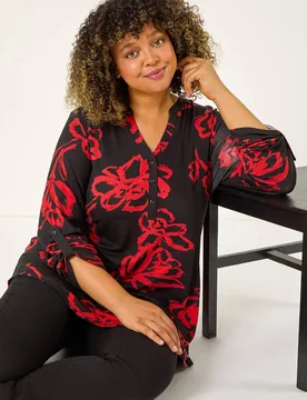 Women's Curve Stretch Jersey Floral Top in Red Size: 18 - Red - Size: 18 - Roman - FashionsVida