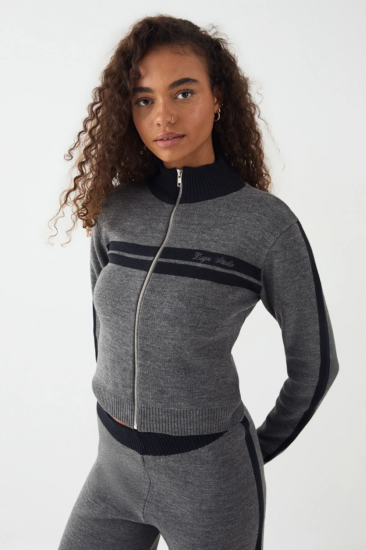 Womens Fitted Zip Through Sweatshirt - Charcoal - Size Small - DSGN Studio - FashionsVida