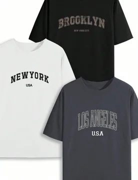 Conjunto de 3 camisetas de manga corta con estampado de letras de Nueva York y Brooklyn en negro, blanco y gris para tallas grandes 5XL - Shein - FashionsVida