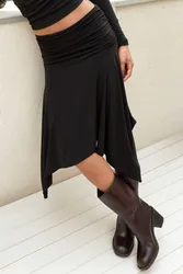 Womens Draped Normal Waist Asymmetrical Flexible Midi Skirt - Black - Size Small