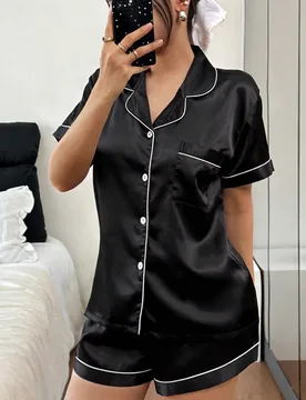 Piezas Conjunto de pijama de mujer de satén charmeuse, top de manga corta con cuello de solapa y bolsillo, y shorts con lazo, ropa de dormir y de est - Shein - FashionsVida