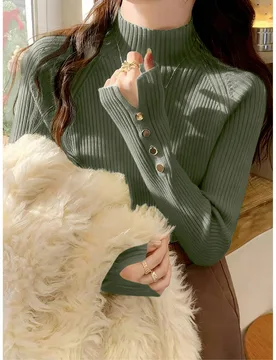 Suéter de mujer nuevo primavera/otoño/invierno color caqui con cuello semi-alto, capa interior de punto con decoración de botones metálicos, uso d - Shein - FashionsVida