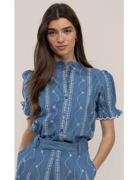 Blusa de manga corta denim de mujer - El Ganso - FashionsVida