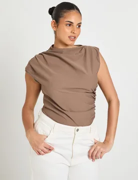 Womens Plus Ruched Grown On Neck Bodysuit - Dark Brown - Size 22 Uk - Boohoo - FashionsVida