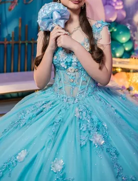 Shiny Blue Quinceanera Dress off-shoulder Glitter 3D Flower Decal Long tail Lace Bow vestidos de 15 Quinceanera ﻿Customize - Aliexpress - FashionsVida
