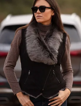 Women's 'Kimi' Toscana Suede Leather Biker Gilet in Black Size: 14 - Black - Size: 14 - Ashwood Leather - FashionsVida