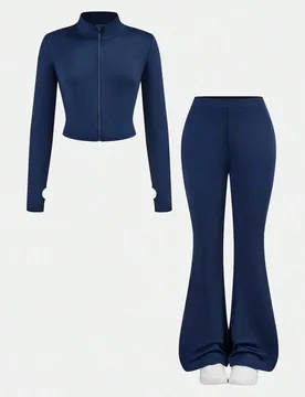 Conjunto casual diario para niña preadolescente de color liso con top de manga larga con cremallera y pantalones acampanados 10Y - Shein - FashionsVida