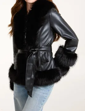 Panel Faux Fur Pu Zip Coat - XL / BLACK - female - Blue Vanilla - FashionsVida