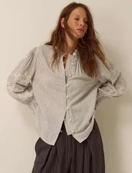 Cotton Rich Striped High Neck Shirt with Linen Ivory Mix female