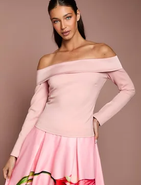 Women's Long Sleeve Satin Trim Bardot Top in Blush Size: 10 - Blush - Size: 10 - Coast - FashionsVida