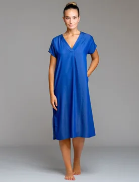Vestido de playa manga corta de tejido fluido efecto denim - Egatex - FashionsVida