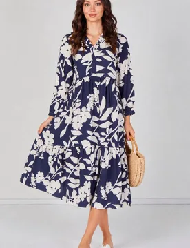 Women's Navy Blossom Tiered Smock Midaxi Dress Size: XL - Navy - Size: XL - LOVE SUNSHINE - FashionsVida