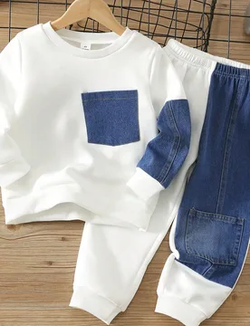 Conjunto de 2 piezas de sudadera de cuello redondo de manga larga con patchwork en las mangas y pantalones de chándal de punto cómodo, estilo casual - Shein - FashionsVida