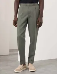 Tapered Fit Cotton Linen Blend Trousers Dark Olive male
