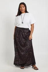 Womens Plus Woven Leopard Lace Maxi Skirt - Black - Size 18 Uk