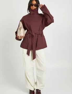 Womens Belted Short Trench Coat - Burgundy Cotton - Size 12 Uk - Boohoo - FashionsVida