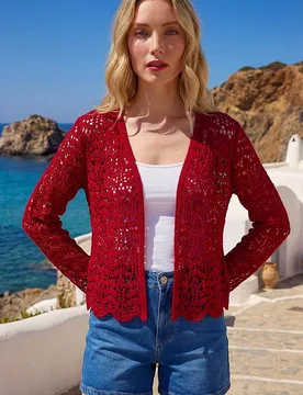Women's Crochet Edge To Edge Cardigan Sweater in Burgundy Size: 18 - Burgundy - Size: 18 - Roman - FashionsVida