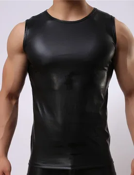 Men‘s Faux Pu Black Leather Round-Neck Tank Top Wet-Look Tight Vest Underwear Sexy Slim Shaping Gym Sports Sleeveless T-shirt - Aliexpress - FashionsVida