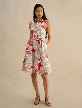 Cotton Rich Paisley Belted Skater Dress Red Mix female - Hobbs - FashionsVida