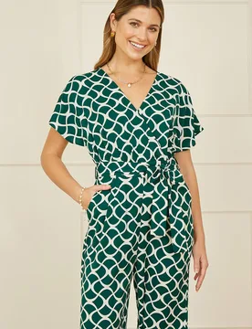 Women's Green Geometric Print Wrap Jumpsuit Size: 10 - Green - Size: 10 - Yumi - FashionsVida