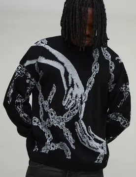 Herren Übergroßer Entspannter Strickpullover Mit Gotischem Kettenmuster Im Jacquard-Stil Für Große Größen Black Größe Large - boohooMAN - FashionsVida
