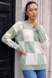 Women's Patchwork Cable Knit Jumper in Mint Size: 16 - Mint - Size: 16