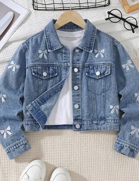 Chaqueta vaquera casual y linda estilo Y2K para niñas preadolescentes, abrigo de otoño blanco y azul con diseño de lazo bordado, lavado vintage, co - Shein - FashionsVida