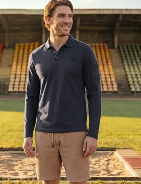 Street One Langarm Poloshirt mit Taschendetail male Blau - Street One MEN - FashionsVida