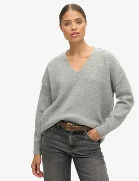 Superdry Damen Lässiger Strickpullover mit V-ausschnitt Hellgrau - Größe: 36 - 89.99 - FashionsVida