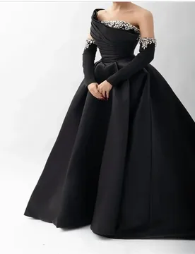Black Satin Beaded Robes De Soirée One Shoulder A-line Prom Dresses Customized Long Sleeves Floor-length Elegant Wedding Dress - Aliexpress - FashionsVida