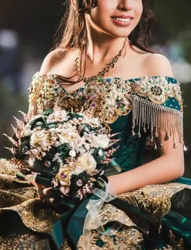 Dark Green Quinceanera Dress Golden Sequins Decal layering Long tail off-shoulder Bow Vestidos De 15 Quinceanera ﻿Customize - Aliexpress - FashionsVida