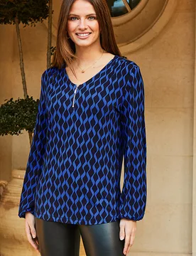 Womens Blue Geometric Print Zip Neck Top Viscose - Size 10 Uk - Sosandar - FashionsVida
