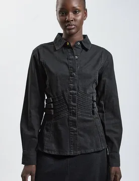 Women's Denim Corset Detail Shirt in Black Size: 8 - Black - Size: 8 - Karen millen - FashionsVida