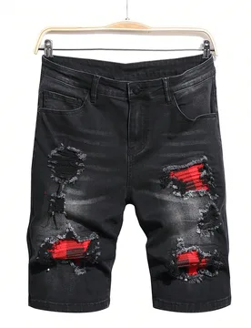 Shorts vaqueros deshilachados lavados para hombres, de jean llano, shorts de mezclilla negra, para regalos de esposo o novio L - Shein - FashionsVida