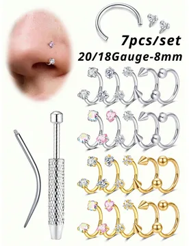 JIESIBAO Juego de 7 piezas de anillos para la nariz en forma de herradura con pinza y taper de acero quirúrgico 316L de 18G y 20G, aretes de aro medi - Shein - FashionsVida