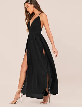 Vestido de tirantes finos con abertura alta de unicolor, vestido de gala elegante formal negro para invitados de boda, graduación, cena, fiesta XS - Shein - FashionsVida