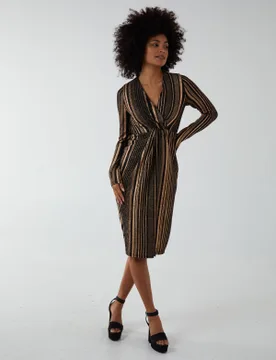 Womens Foil Stripes Twist Front Midi Dress - Rose Gold - Size 8 Uk - Blue Vanilla - FashionsVida