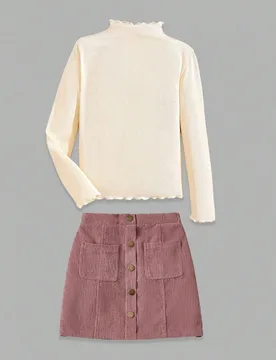 Camiseta de cuello alto con ribete de lechuga y textura acanalada, color liso, versátil y casual, 3 piezas para niña preadolescente 8Y - Shein - FashionsVida