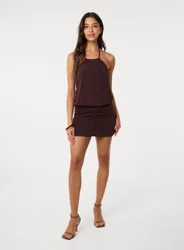 Womens Acetate Halter Neck Dress - Chocolate - Size Medium
