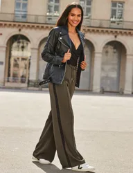 Side Stripe Drawstring Wide Leg Trousers Khaki Mix female