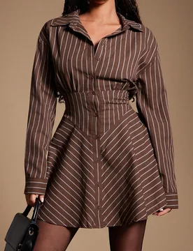 Vestido Camisa Talla Grande Marrón Chocolate con Botones Delanteros y Manga Larga Otoño Elegante Sirena de Oficina Años 70 Vintage Dinero Antiguo N - Shein - FashionsVida