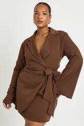 Womens Plus Tie Waist Tailored Blazer Dress - Chocolate - Size 16 Uk