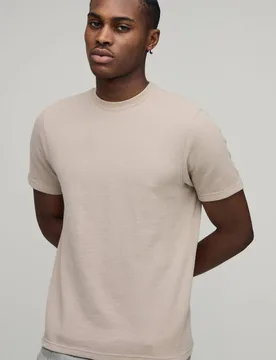 Herren Slim Fit Waffel T-Shirt Taupe Größe Large - boohooMAN - FashionsVida