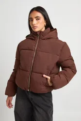 Womens Hooded Puffer Jacket - Brown