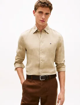 Camisa de caballero de manga larga lisa de lino - Tommy Hilfiger - FashionsVida
