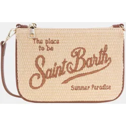 Bolso de hombro estilo sobre con bandolera en tejido straw con asa y logo